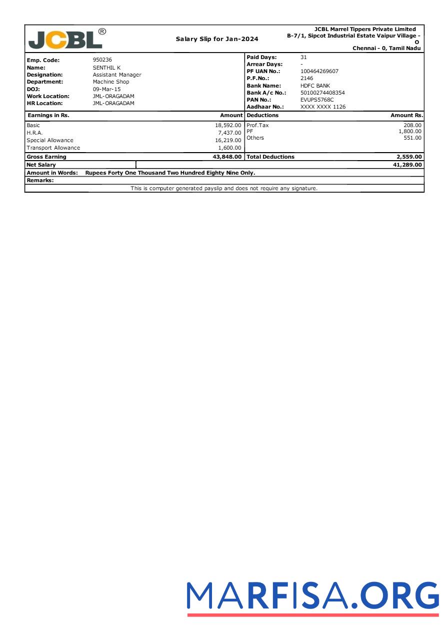 Printable JCBL Marrel Tippers manufacturer payslip template